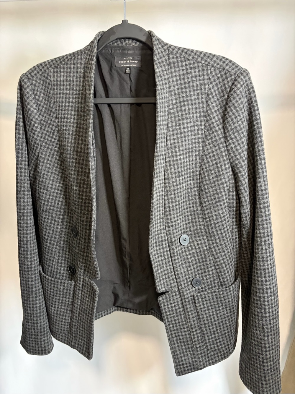 Lucky Brand Wool Blend Check Open Front Blazer Grey Size 8